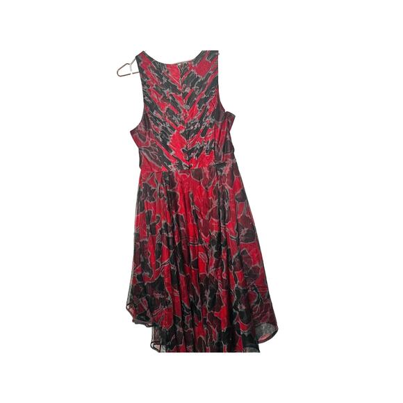 HALSTON Black Red Cherry Floral Print Sheer Sleeveless Tulle Full Skirt Dress 10 - Picture 4 of 9